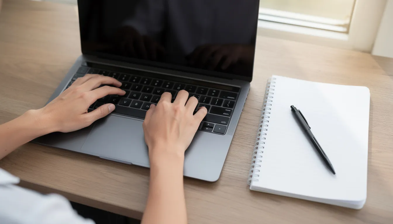 The image depicts hands actively typing on a laptop keyboard, accompanied by a spiral notebook and a pen, suggesting a setting focused on learning and applying essential AI skills. This scene could represent someone engaged in tasks related to data science or exploring generative AI concepts.