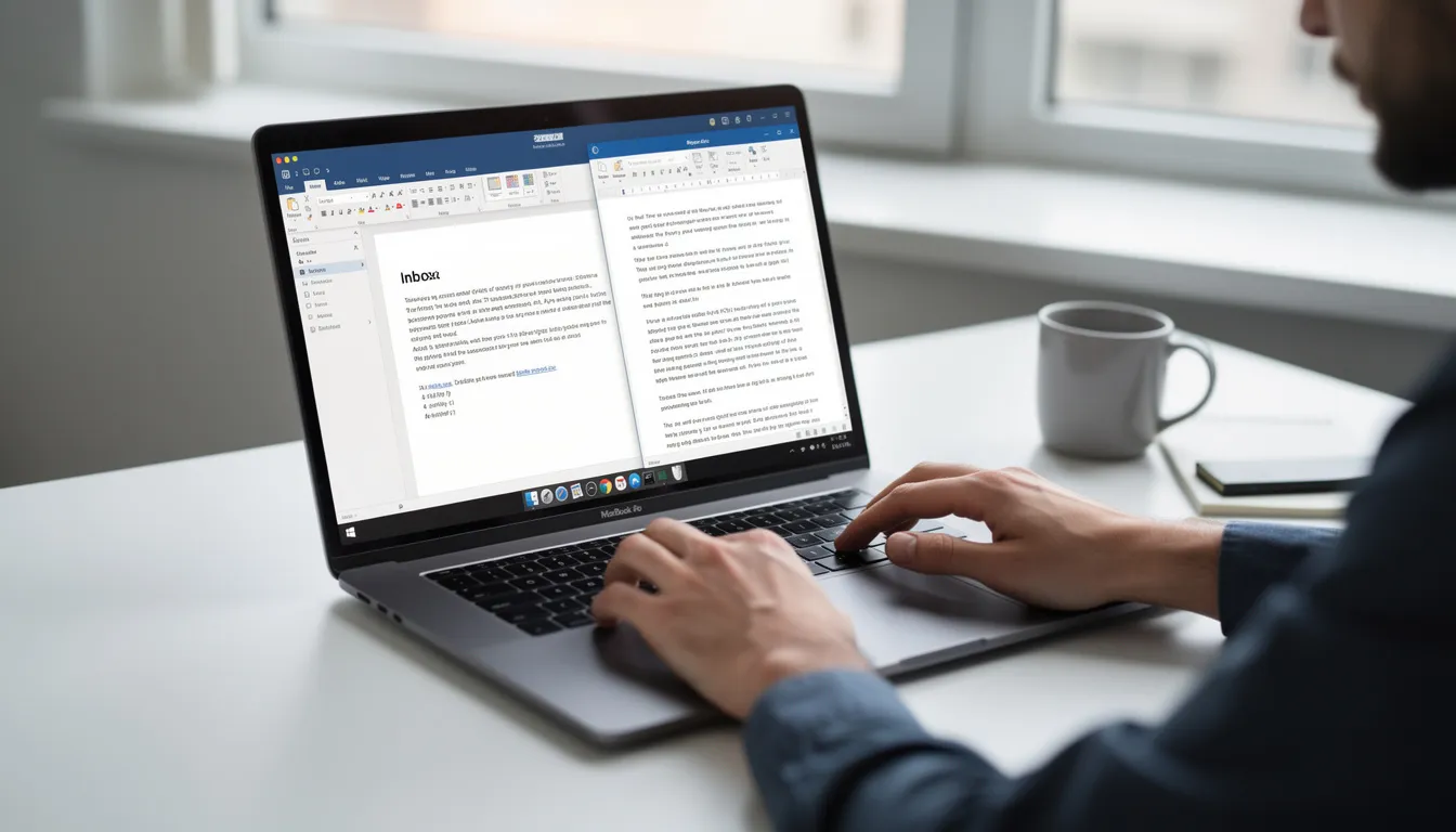 A person is seated at a desk, focused on a laptop with email and document applications open on the screen, showcasing their engagement with essential AI skills and productivity tools. This setting reflects a workspace where technology and knowledge intersect, highlighting the importance of learning and utilizing generative AI tools for daily tasks and project management.