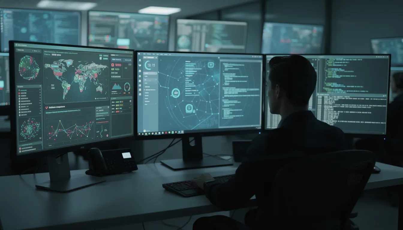 The image depicts a professional working at multiple computer screens displaying security dashboards and lines of code, emphasizing the role of information security analysts in managing network security. This scene highlights the growing demand for technical skills in the job market, particularly in fields like health care administration and artificial intelligence.