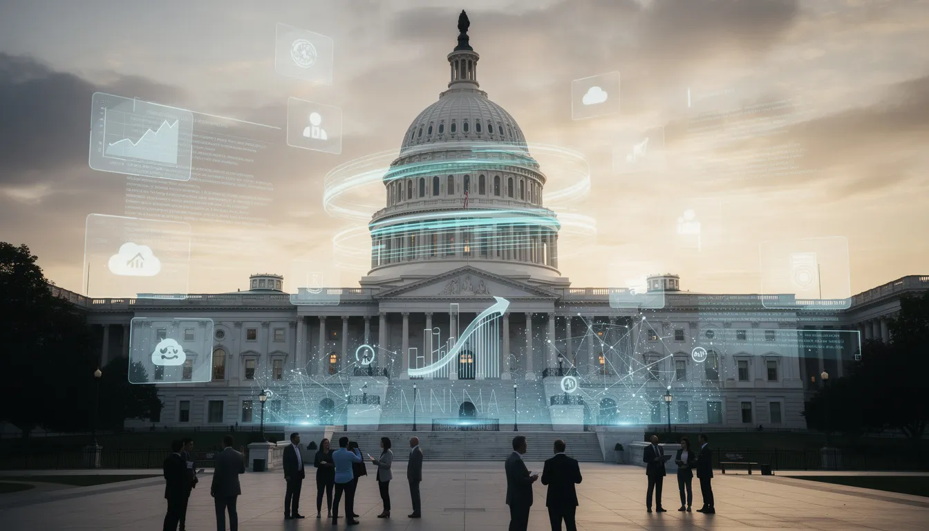 The image depicts the U.S. Capitol building, overlaid with modern digital elements that symbolize ongoing debates about artificial intelligence governance and technology policy. This visual representation highlights the intersection of federal law and AI innovation, emphasizing the role of policymakers in regulating AI systems for the benefit of the American people.
