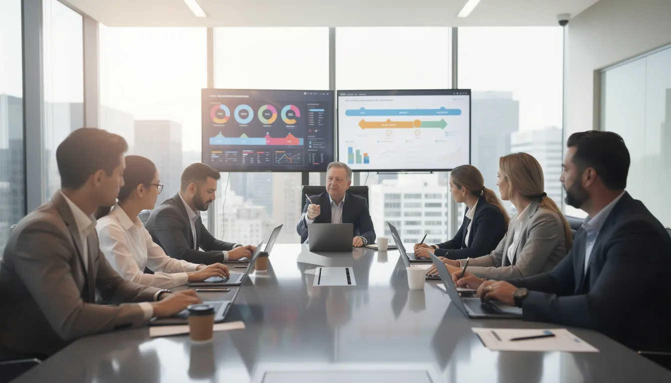 A team of professionals collaborates around a conference table, utilizing laptops and digital displays to discuss strategies involving artificial intelligence and machine learning. The environment reflects a focus on modern AI solutions, highlighting the importance of teamwork in leveraging AI technology to analyze data and enhance operational efficiency.