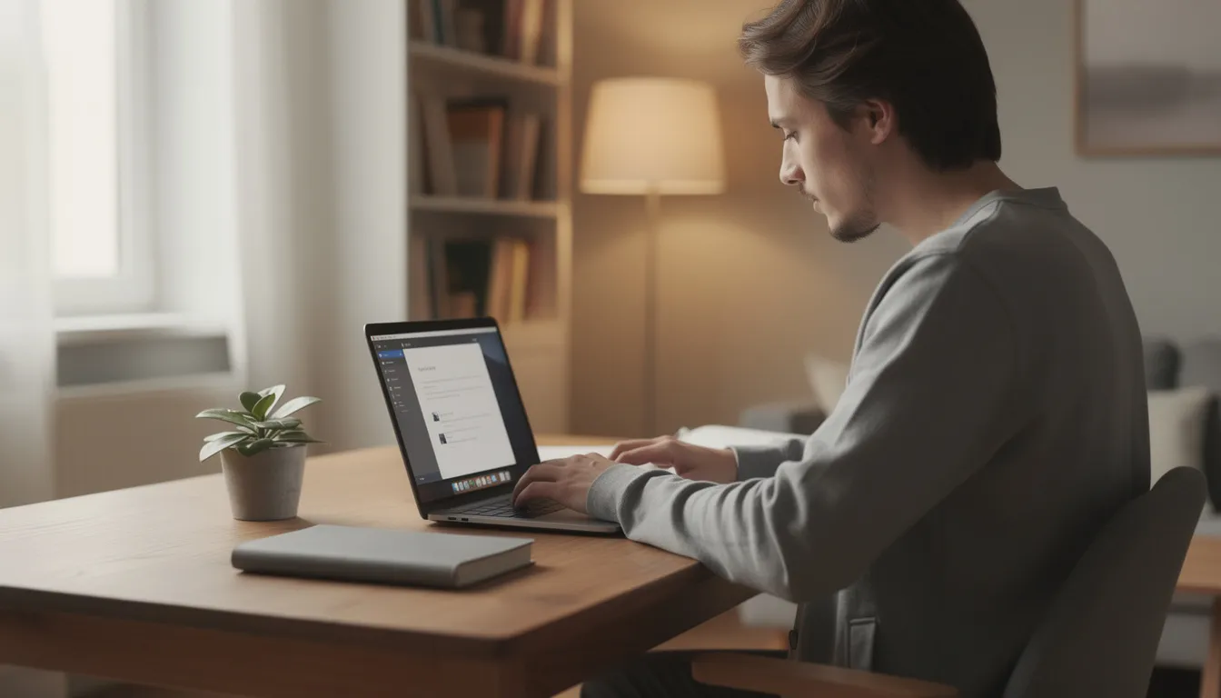 The image shows a person focused on reading on a laptop in a serene home office, surrounded by books and a plant, reflecting a calm and productive environment ideal for data science and machine learning studies. This setting is perfect for AI professionals looking to enhance their skills in programming languages and machine learning algorithms.