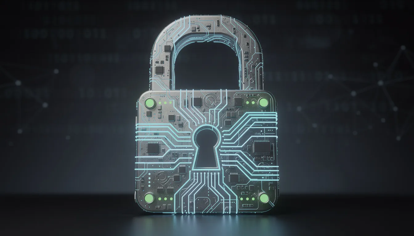 The image features a digital padlock adorned with intricate circuit board patterns, symbolizing cybersecurity and data protection. This visual representation highlights the importance of advanced technology, such as AI solutions and machine learning, in safeguarding sensitive information from malicious threats.