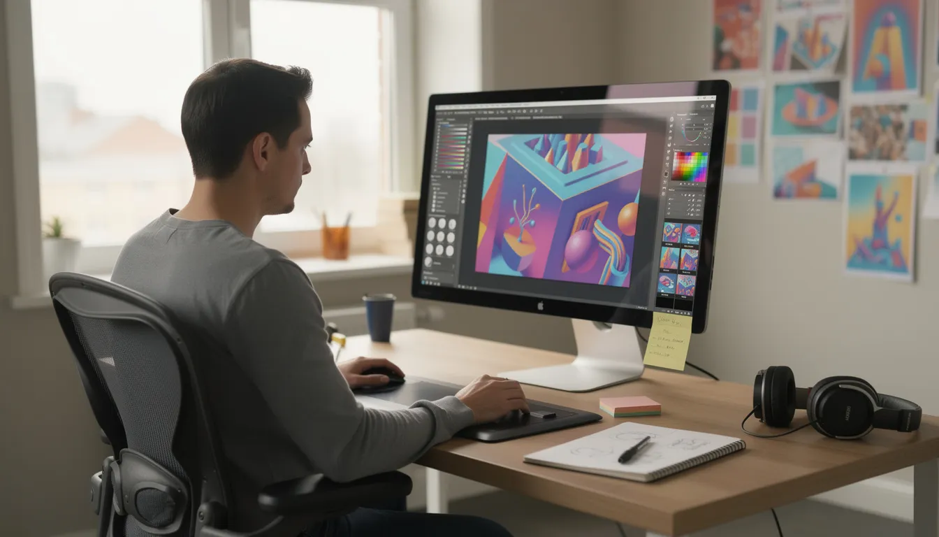 A creative professional sits at a computer, focused on design software displaying vibrant, generated imagery, showcasing the capabilities of artificial intelligence in graphic design. This scene highlights the integration of AI technologies in everyday life, enabling users to create complex visual content efficiently.