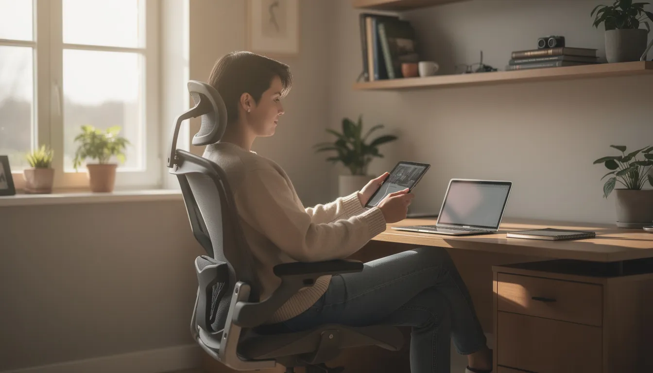 A person is sitting comfortably in a relaxed home office, calmly reading on a tablet, surrounded by a serene atmosphere that encourages focus and productivity. The setting suggests an ideal space for using tools like Google Docs or Google Sheets to create and edit documents, enhancing the user's ability to generate insights and manage tasks effectively.