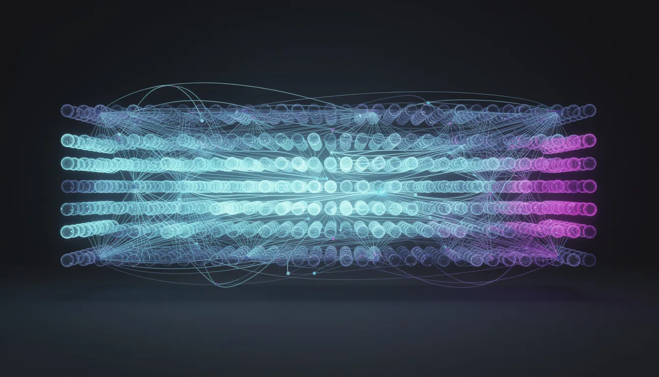 The image depicts an abstract representation of a neural network structure, featuring interconnected nodes organized in layers, symbolizing the intricate relationships between input data and output variables in machine learning models. This visual illustrates concepts such as supervised learning algorithms and data analysis techniques used to identify patterns and make accurate predictions.