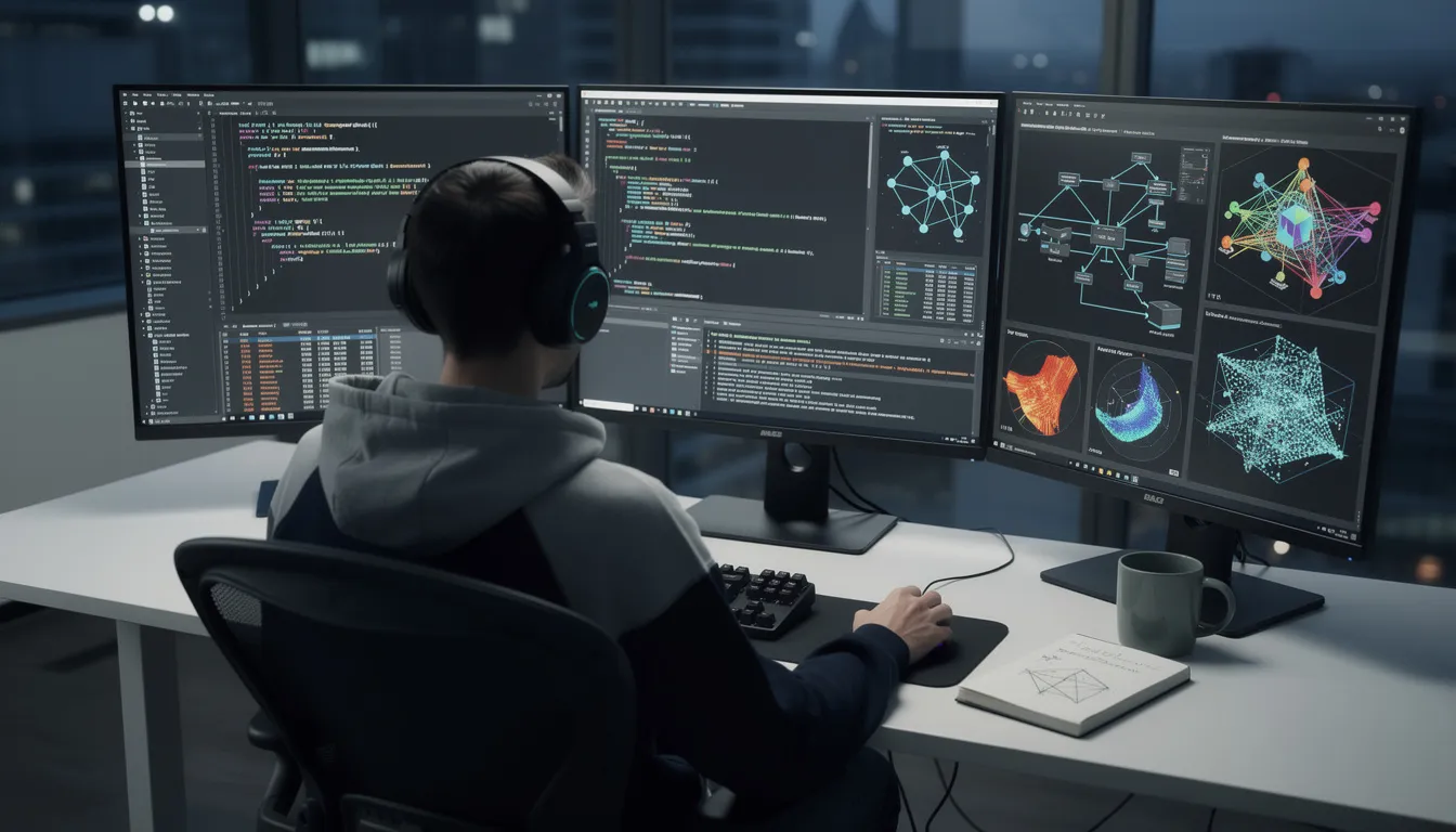 A developer sits at a desk surrounded by multiple monitors displaying lines of code and visualizations related to artificial intelligence, including data science and machine learning concepts. The workspace reflects a focus on deep learning and AI tools, highlighting the developer's engagement with advanced AI technologies and applications.