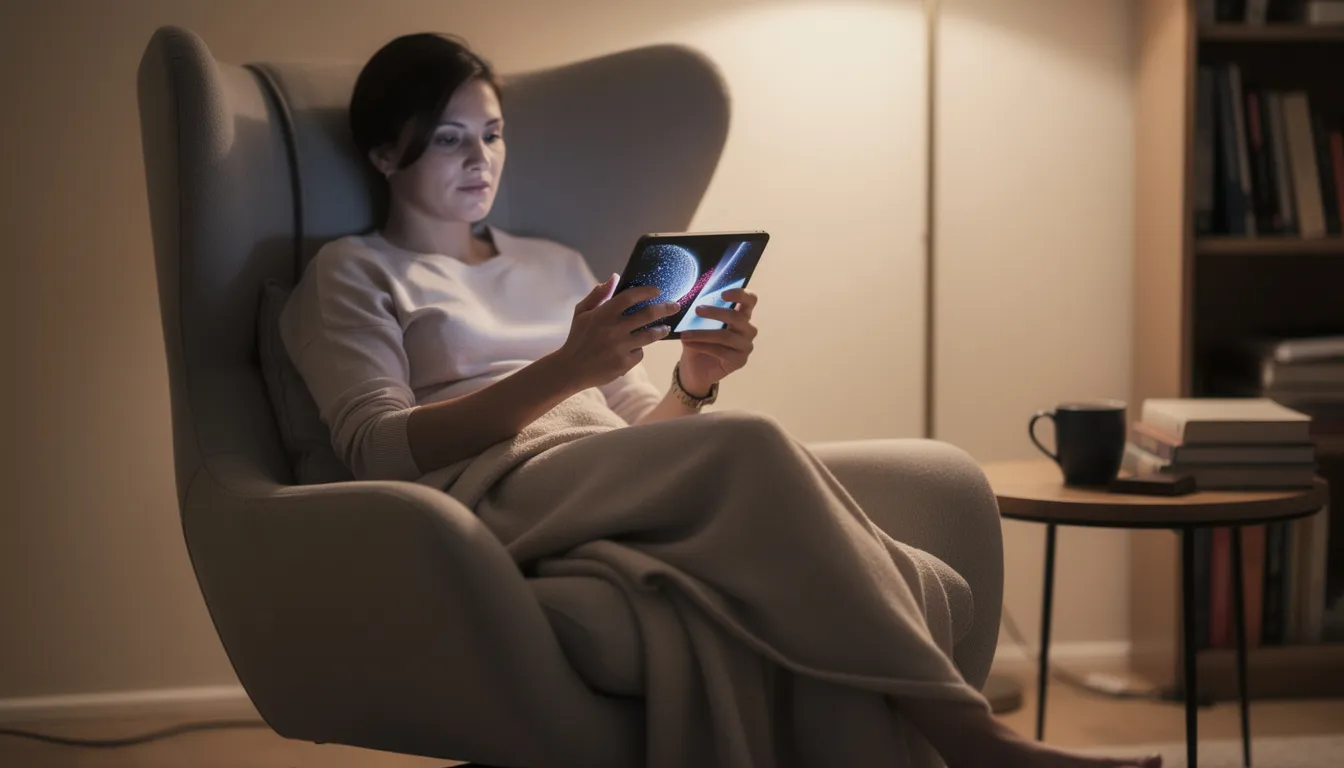 A person is comfortably seated in a chair, engrossed in reading study materials on a tablet device, which may include lecture slides, video lectures, or interactive quizzes. This relaxed setting highlights the use of advanced AI tools designed specifically for students to enhance their learning experience and track progress efficiently.