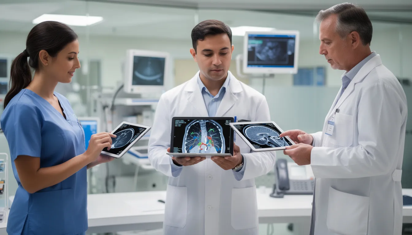 The image depicts medical professionals in a hospital setting, actively using tablet devices that display diagnostic imaging. These healthcare workers are engaged in data analysis and decision-making, highlighting the role of artificial intelligence and advanced technology in modern medical practices.