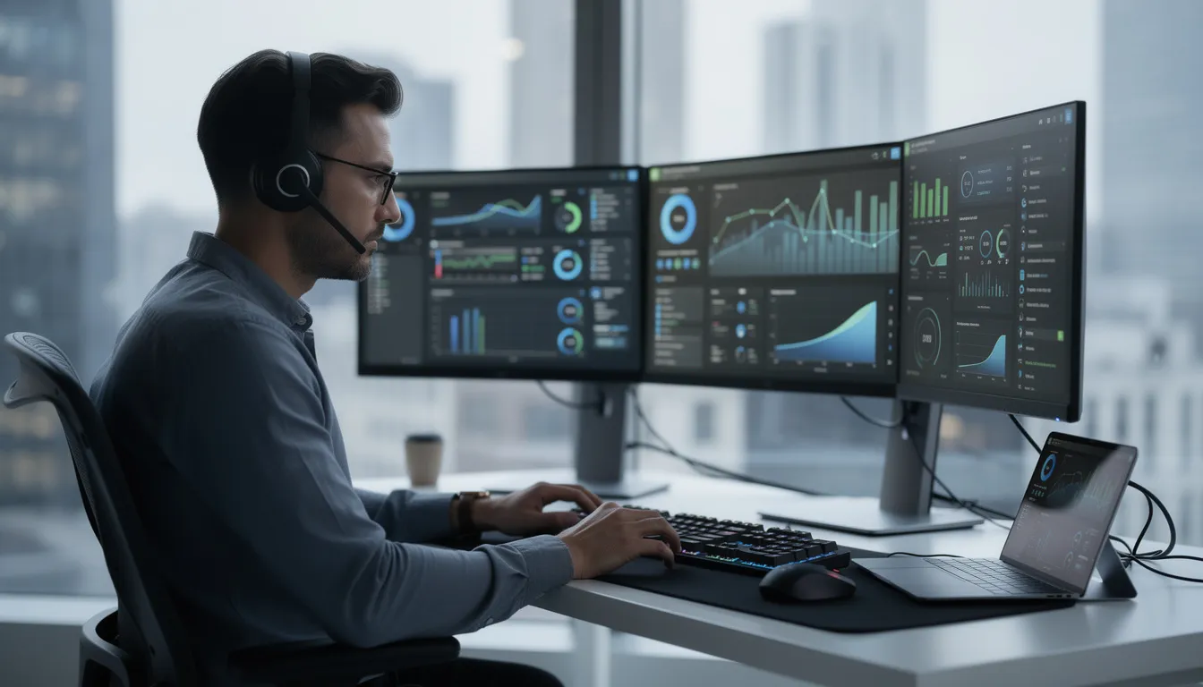 A technology professional is intently reviewing data dashboards displayed across multiple monitors, analyzing various data points and visualizations related to machine learning applications and data analytics. The scene highlights the use of advanced analytics techniques and predictive modeling in a modern workspace.