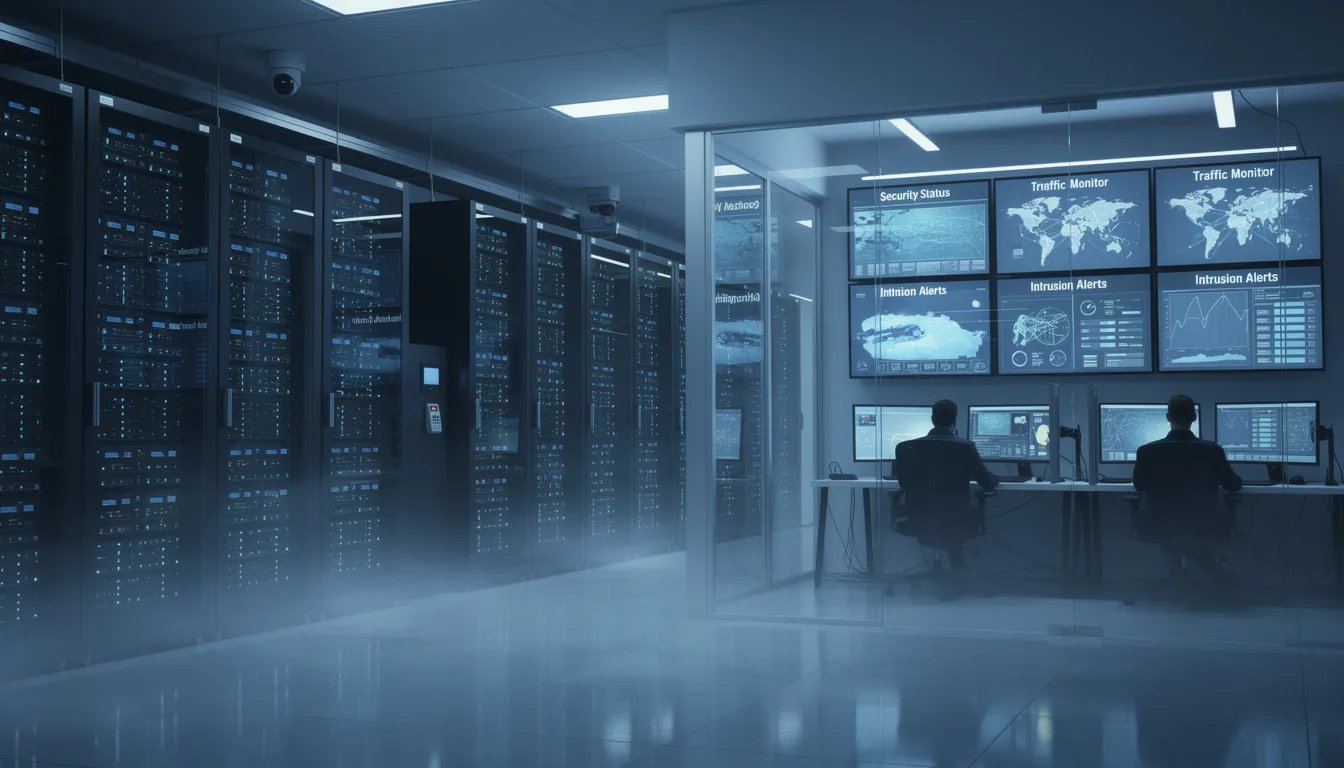 The image depicts a secure data center filled with rows of server racks, surrounded by security monitoring displays, highlighting the importance of data privacy and effective systems in the realm of artificial intelligence governance. This setting reflects the critical resources necessary for maintaining trustworthy AI technologies and protecting civil rights in accordance with the principles outlined in the AI Bill of Rights.