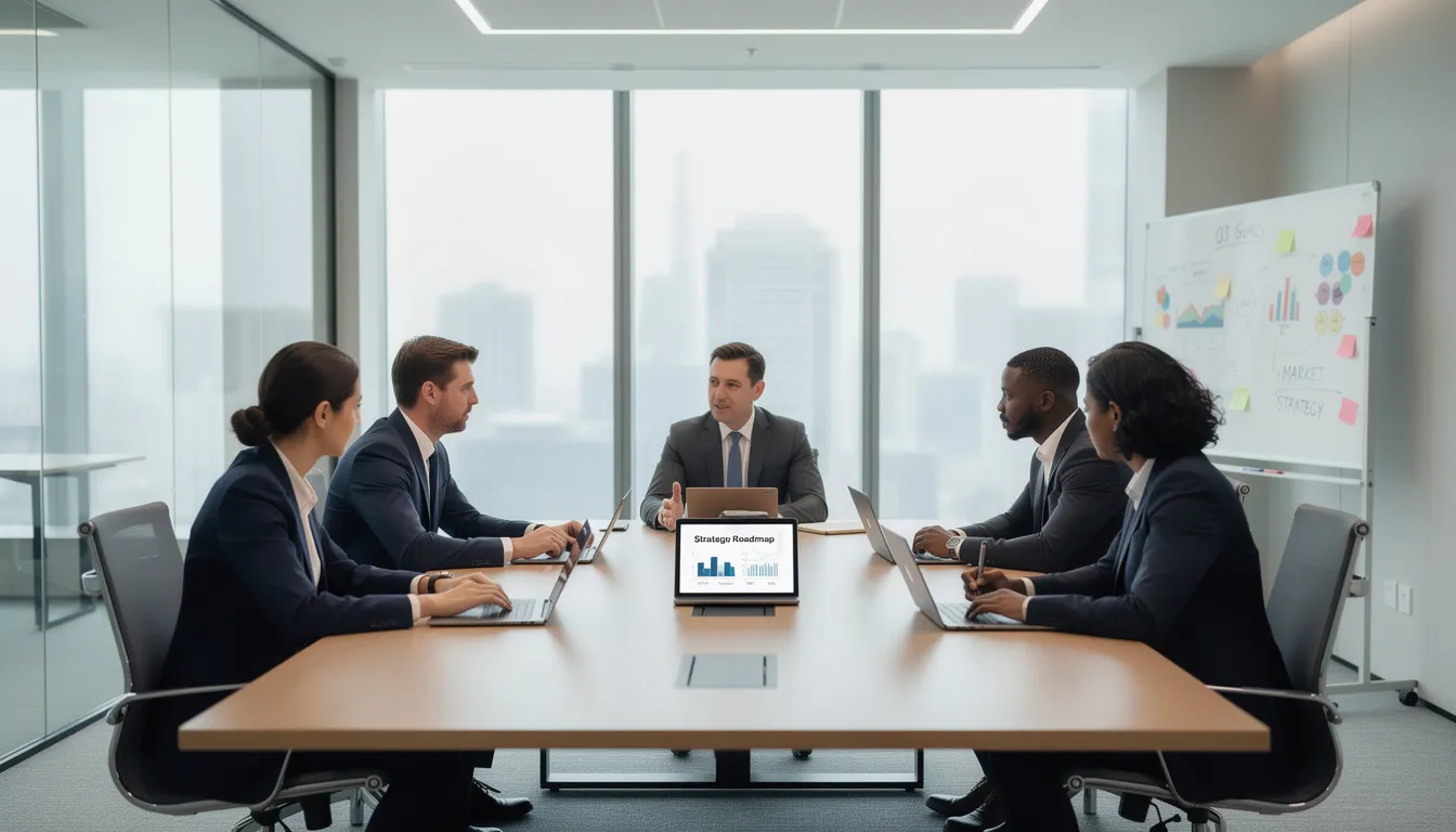 A group of professionals is seated around a conference table, actively discussing strategy while using laptops and tablets. The atmosphere is collaborative, focusing on enhancing customer experiences through advanced technologies like conversational AI and machine learning.