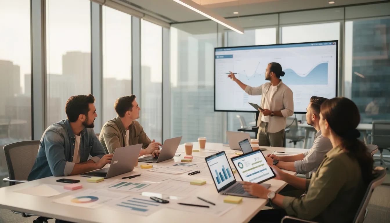 A diverse team collaborates in a modern meeting room, engaging with screens and documents while discussing ideas for their projects. They utilize various AI apps and tools to enhance their creativity and development process.