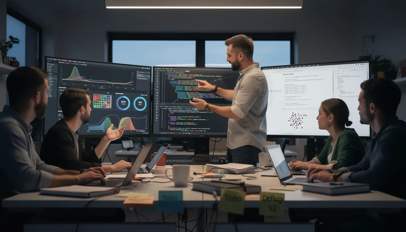 The image depicts a group of engineers collaborating around multiple monitors, which display lines of code and outputs from various machine learning models. This scene highlights the teamwork and critical thinking involved in fields like computer science and data science, where professionals work on artificial intelligence technologies and machine learning algorithms.