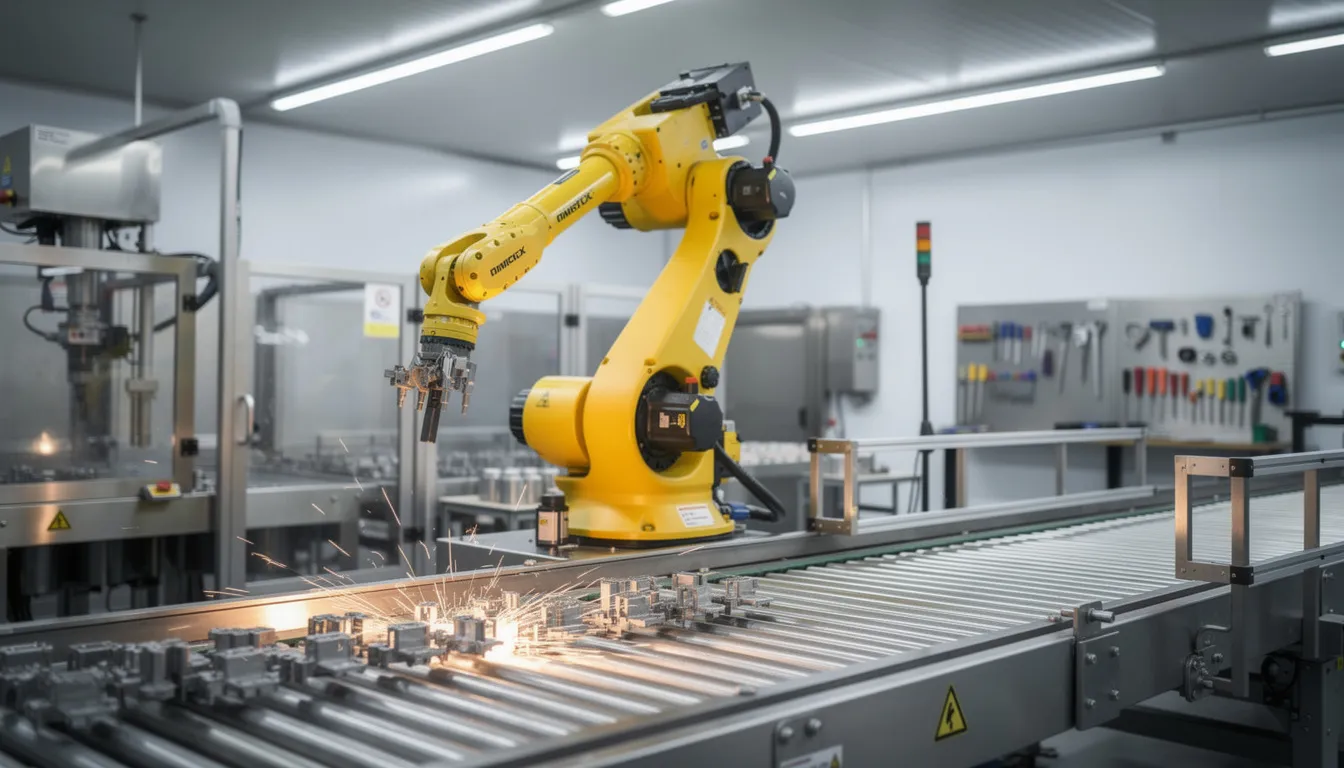 An industrial robotic arm is actively working on an assembly line, showcasing the integration of artificial intelligence technologies in manufacturing processes. This advanced AI system exemplifies how automation and AI capabilities are driving efficiency and innovation across various industries.