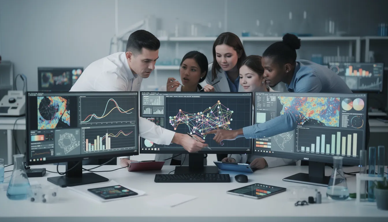 A group of researchers is collaborating around computer screens filled with data visualizations and scientific charts, reflecting their engagement in cutting-edge artificial intelligence research and machine learning algorithms. The environment showcases a dynamic research community focused on advancing technology and data science.