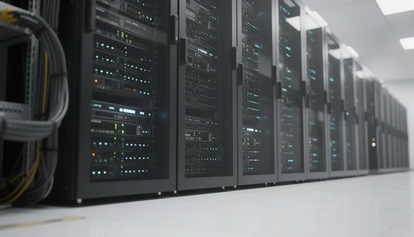 The image shows a modern data center filled with server racks, each illuminated by glowing lights, symbolizing the immense computing power required for artificial intelligence systems and deep learning models. This environment is crucial for analyzing large data sets and training AI algorithms that perform complex tasks, such as natural language processing and machine learning.