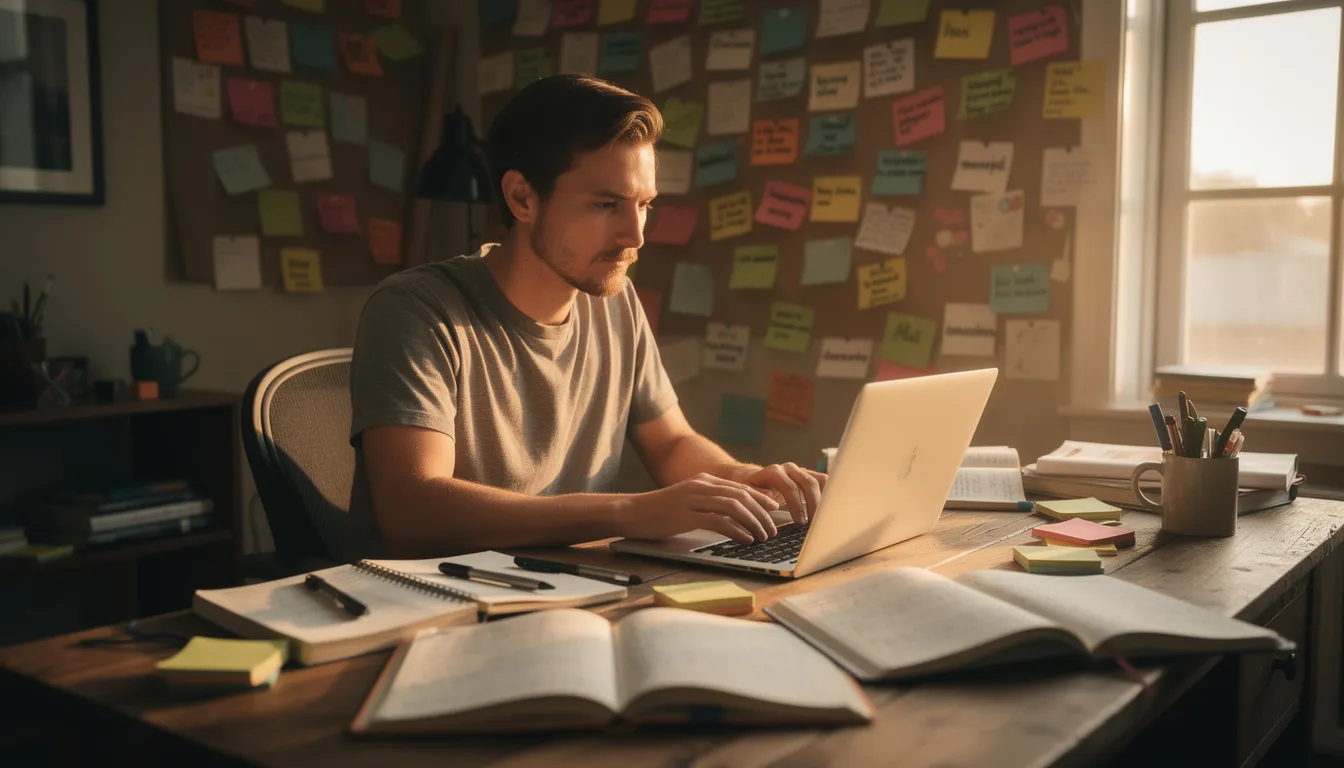 A creative writer sits at a desk surrounded by notebooks and a laptop, immersed in their writing process under warm natural lighting. Inspiration notes adorn the wall behind them, reflecting their unique writing style and the use of various ai tools for content creation and writing assistance.