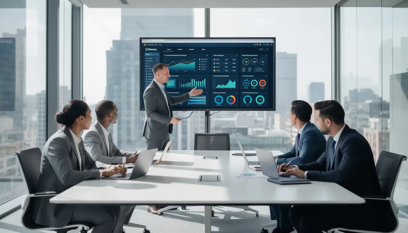 A professional team is gathered in a modern office conference room, actively reviewing data dashboards that display various metrics and insights. The atmosphere reflects a focus on responsible AI governance and effective AI development practices, as team members discuss strategies for ensuring compliance with AI regulations and ethical considerations in their projects.