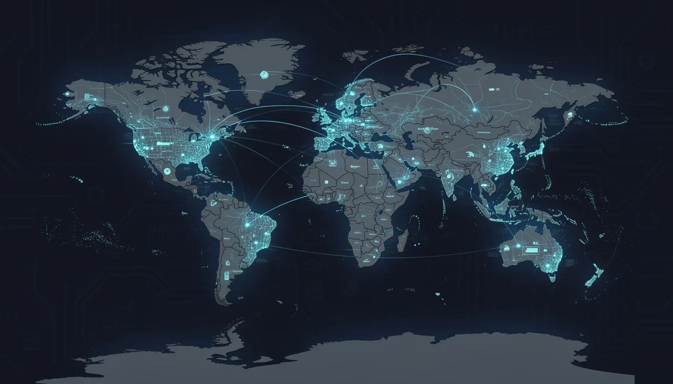 The image depicts a world map illuminated with glowing connection points, symbolizing global technology networks and the interconnectedness of artificial intelligence systems. These connections represent the complexities of AI legislation and regulation across various jurisdictions, including state laws and federal policies.