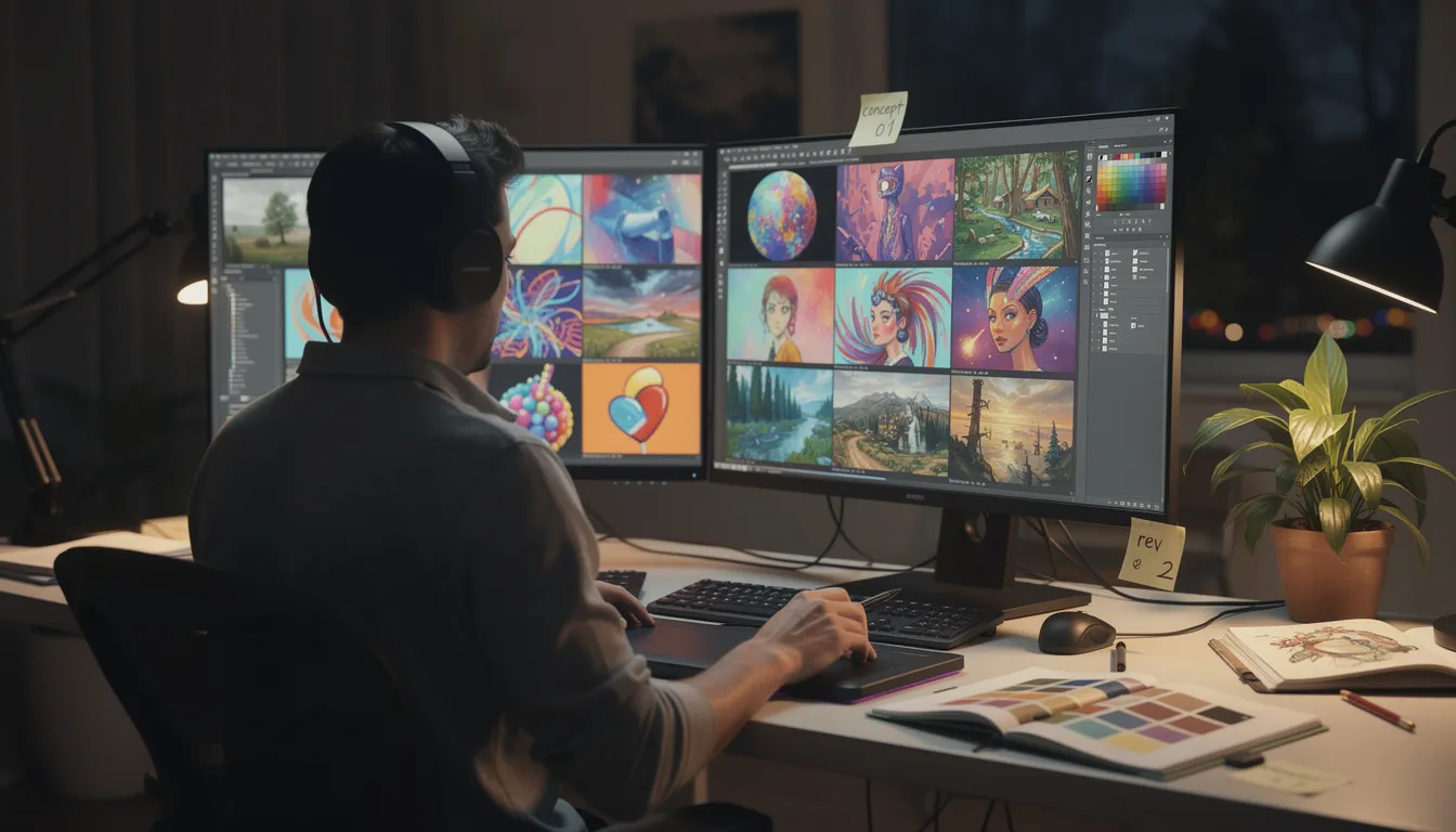 The image depicts a digital artist's workstation featuring a computer screen displaying various AI-generated images, while a human reviews the outputs. This scene illustrates the intersection of human creativity and artificial intelligence, showcasing the use of machine learning algorithms and neural networks in the artistic process.