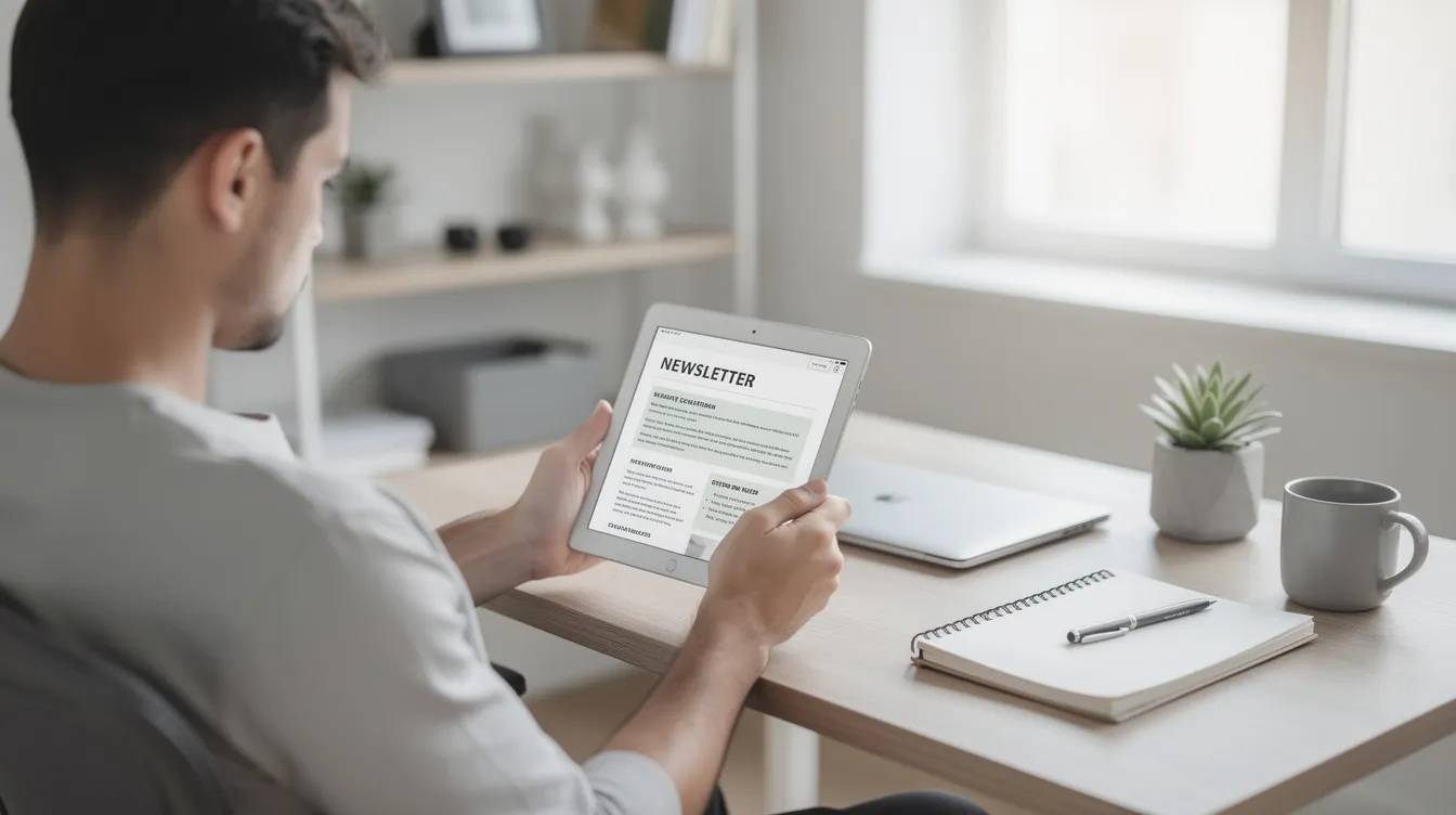 A person is sitting in a calm and organized workspace, reading the latest AI news on a tablet. The environment
reflects focus and productivity, ideal for staying updated with must-know AI tools and
strategies.