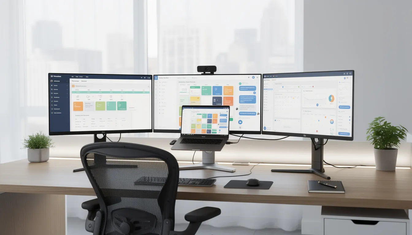 The image depicts a modern office workspace featuring multiple screens displaying productivity applications, including project management tools and AI assistants. A laptop sits on the desk, highlighting the integration of smart devices and AI systems that facilitate routine tasks and enhance workflow efficiency.
