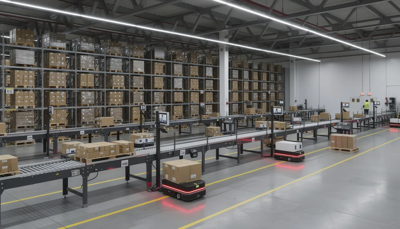 The image depicts a large, modern warehouse featuring advanced automated systems and conveyor belts efficiently moving packages. This setup exemplifies the integration of AI-powered analytics and machine learning models to optimize data collection and streamline operations in logistics.