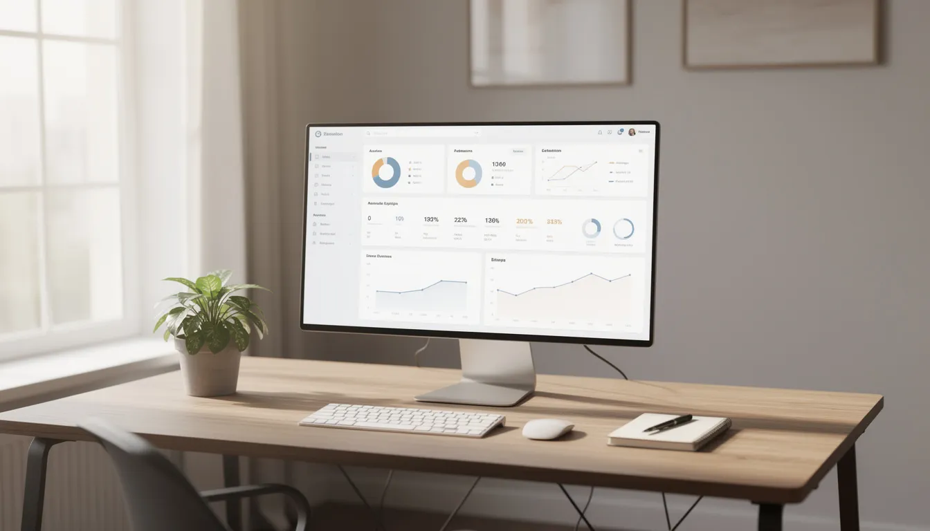 The image depicts a serene professional workspace featuring a single computer monitor displaying neatly organized information, ideal for data analysis and the application of AI tools. This setup promotes increased productivity and effective management of administrative tasks in a calm environment.