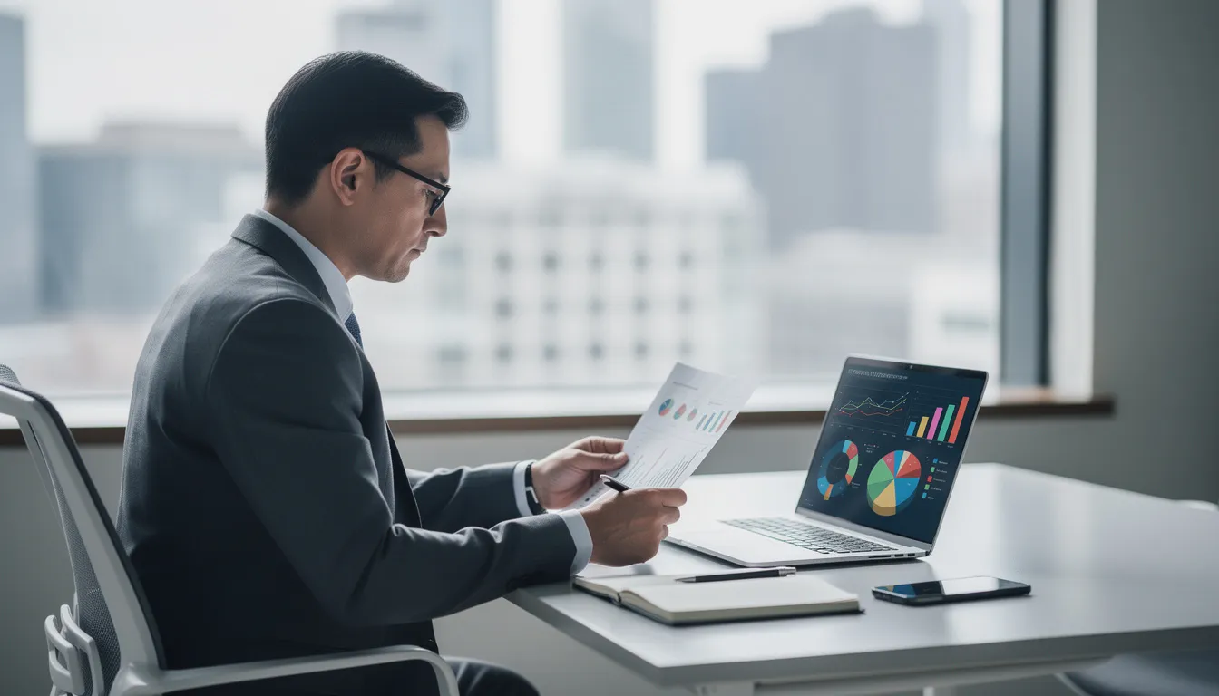 A business professional is seated at a desk, intently reviewing documents on a laptop that displays various data visualizations. The scene represents the integration of enterprise AI solutions in business operations, highlighting the importance of data-driven decision-making and operational efficiency.