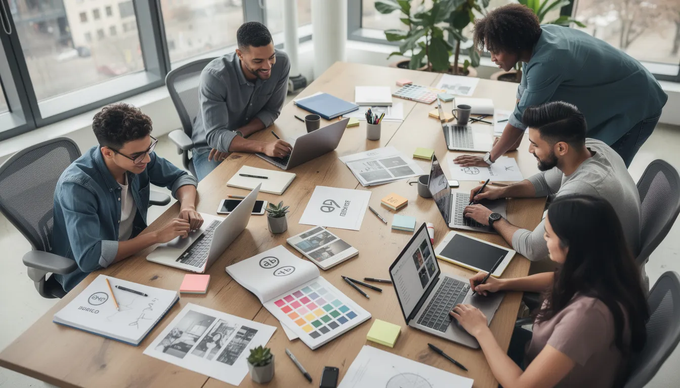 A diverse creative team is collaborating around a table filled with laptops and various design materials, actively discussing ideas and strategies for their projects. They are utilizing generative AI tools and techniques to enhance their content creation process and explore innovative solutions.