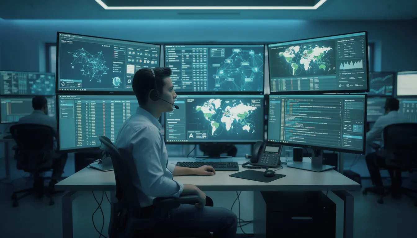A cybersecurity professional is intently monitoring multiple screens in a security operations center, showcasing the critical role of technology in safeguarding networks and data. This image highlights the demand for skilled workers in future jobs, as they respond to emerging threats and ensure the safety of businesses and clients.