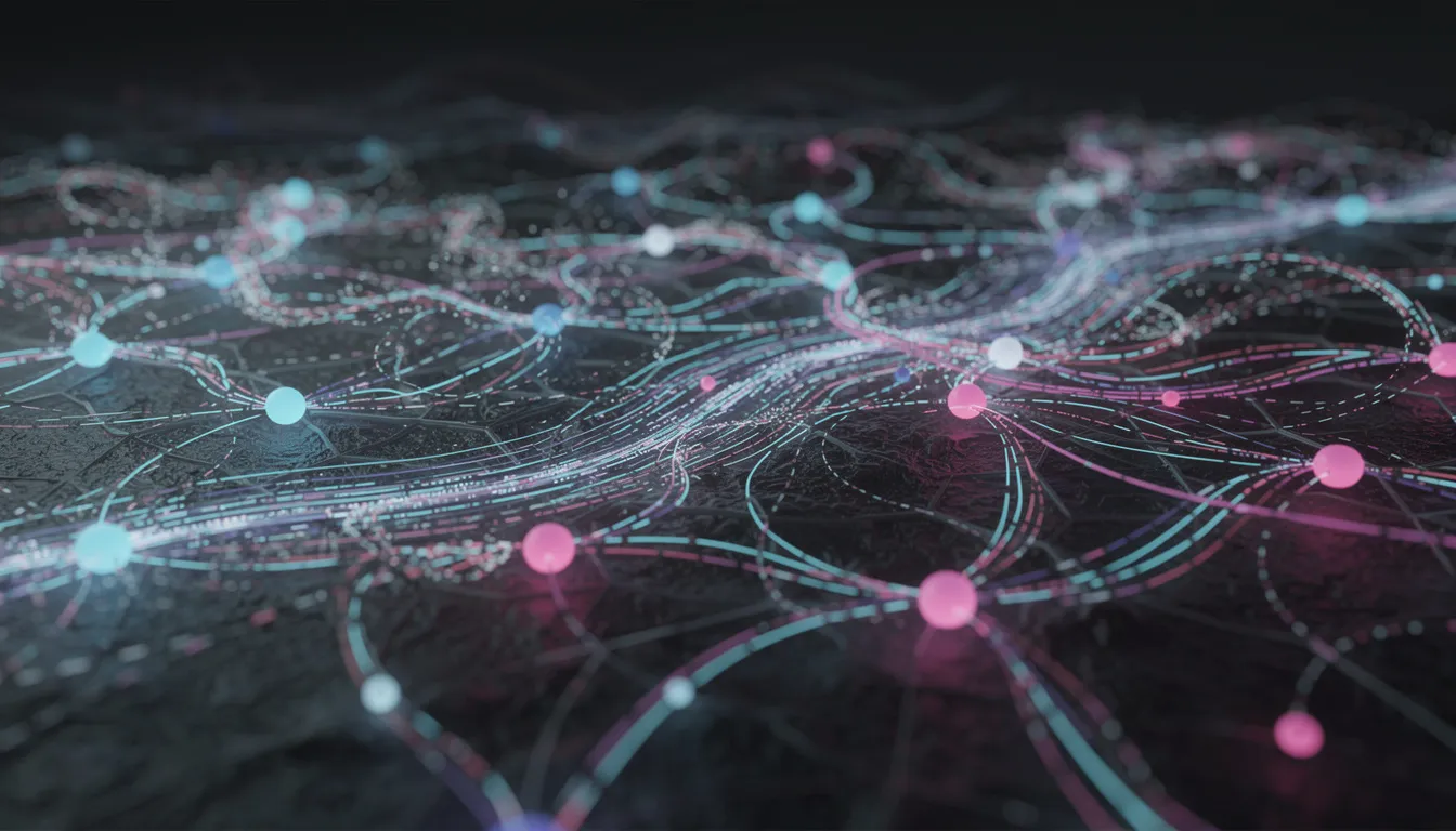 The image features an abstract visualization of interconnected glowing nodes and pathways, symbolizing the complex networks within artificial intelligence systems and technologies. This representation reflects the rapid growth and innovation in AI research and applications across various industries, highlighting the interconnected nature of AI agents and their capabilities in driving advancements.