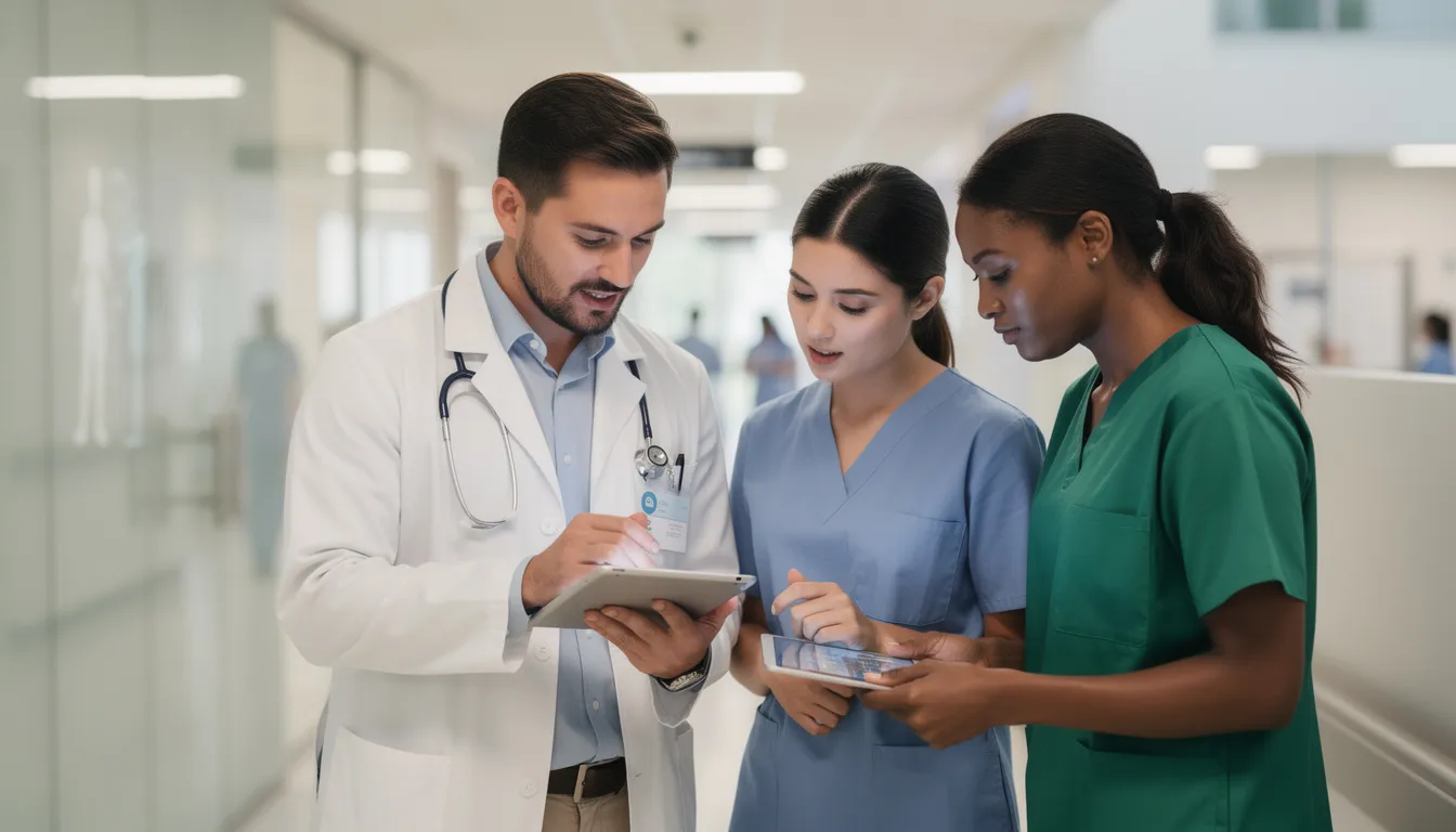 A group of confident medical professionals in a hospital setting are focused on reviewing patient information on tablet devices, showcasing the intersection of healthcare and technology. This scene highlights the ongoing efforts to advance medical practices through the use of artificial intelligence and data management.