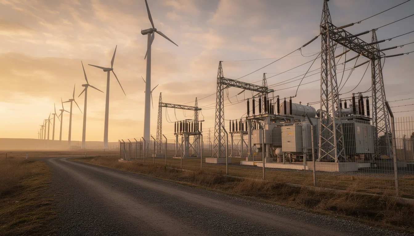 The image shows several wind turbines silhouetted against a vibrant sunset, with a modern power substation in the foreground. This scene reflects advancements in renewable energy technologies, symbolizing the integration of sustainable practices into everyday life.