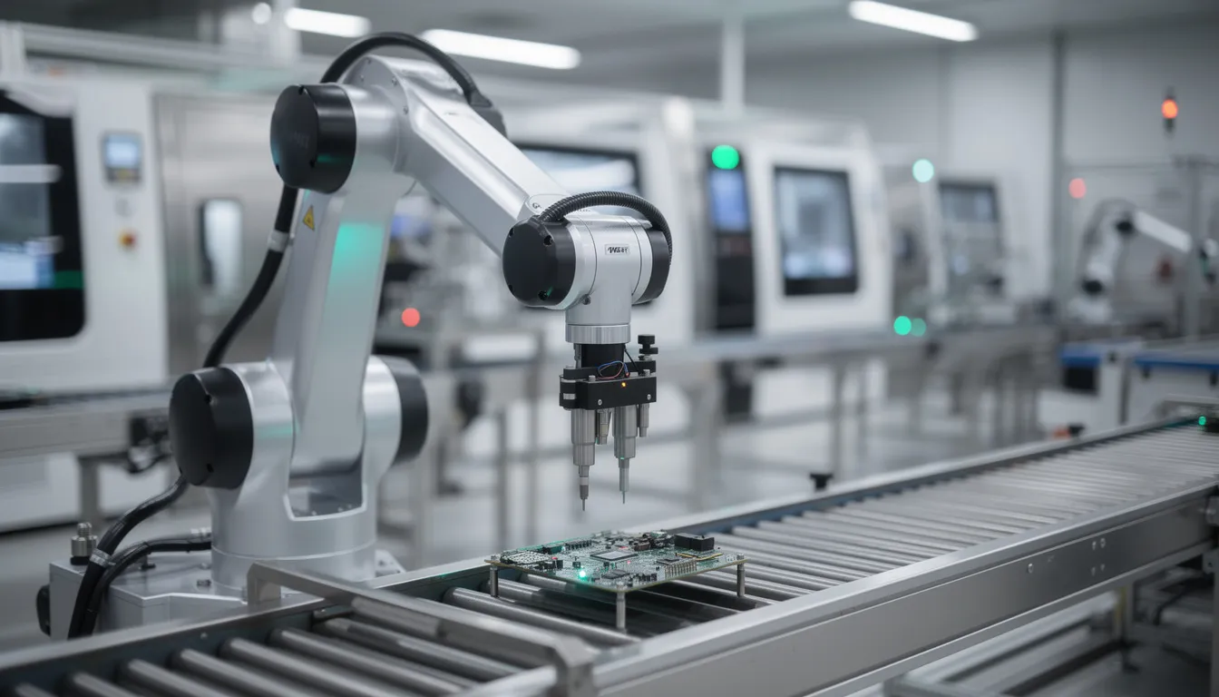 The image depicts a robotic arm skillfully performing precision assembly tasks in a modern factory setting, showcasing the integration of artificial intelligence technologies and machine learning algorithms to enhance efficiency and accuracy in manufacturing processes.