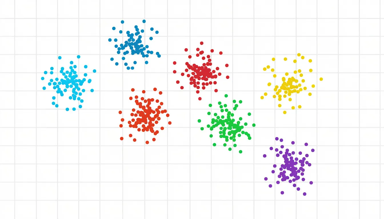 The image depicts scattered data points in a 2D space, grouped into distinct colored clusters, illustrating the concept of unsupervised learning algorithms used in machine learning to identify patterns within input data. Each cluster represents a set of similar data points, showcasing how clustering algorithms can effectively organize unlabeled data.
