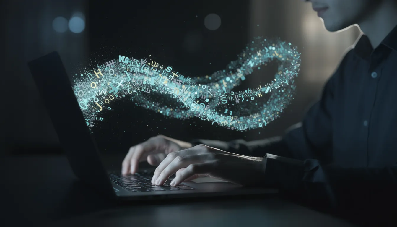A person is focused on typing on a laptop, with glowing text particles flowing from the screen, symbolizing the creative process of using AI tools to generate engaging content. This image represents the power of artificial intelligence in overcoming writer's block and enhancing productivity in writing blog posts and articles.