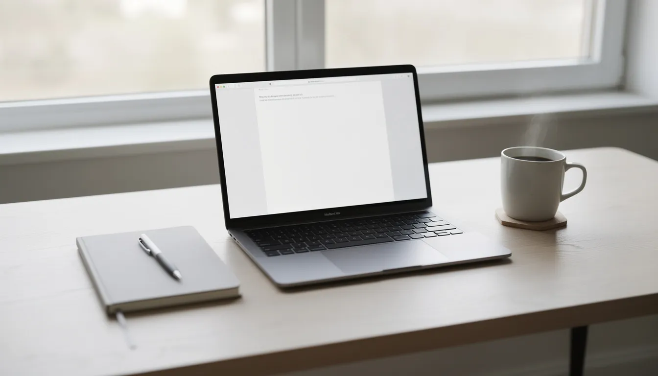 A minimalist desk setup features a sleek laptop, an open notebook, and a single coffee mug, creating an inviting atmosphere for focused writing tasks. This arrangement symbolizes the writing process enhanced by AI tools, ideal for professional writers looking to generate high-quality content or overcome writer's block.