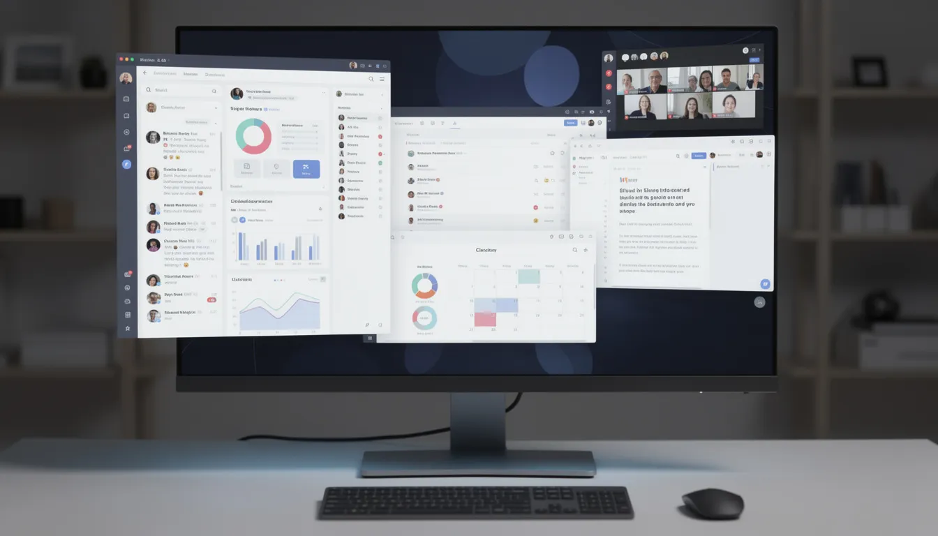 The image displays a computer monitor with multiple browser windows open, showcasing various applications including Google Docs, Google Sheets, and Google Slides. Each window contains different content such as blog posts, spreadsheets, and documents, illustrating a productive workspace where users can access and edit data efficiently.