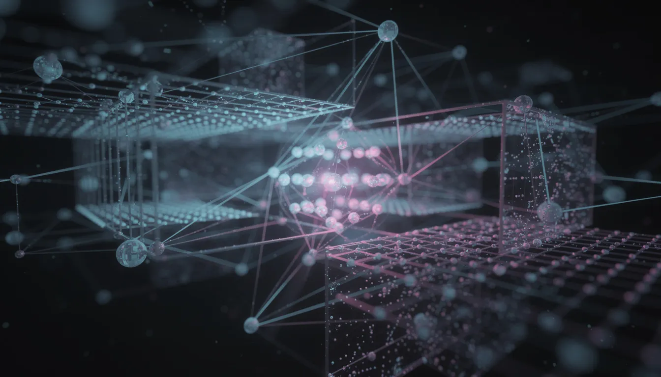 The image depicts an abstract visualization of interconnected nodes, symbolizing a neural network architecture used in machine learning and artificial intelligence. This representation illustrates foundational concepts of deep learning and highlights the complex relationships within AI models, akin to the processing capabilities of the human brain.