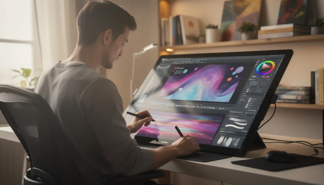 A digital artist is focused on creating artwork using a stylus on a tablet, surrounded by various creative software applications. This scene highlights the intersection of technology and art, showcasing how digital transformation and artificial intelligence are enabling innovative digital experiences for artists and developers alike.