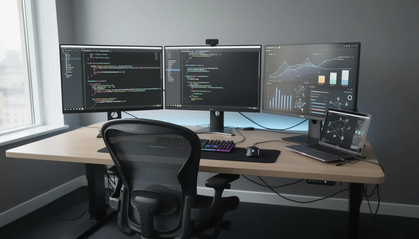 The image depicts a modern tech workspace featuring multiple monitors filled with lines of code and dynamic data visualizations, highlighting the essential tools for data analysis and machine learning. This environment is ideal for AI professionals and machine learning engineers, reflecting the growing demand for skills in artificial intelligence and data science.