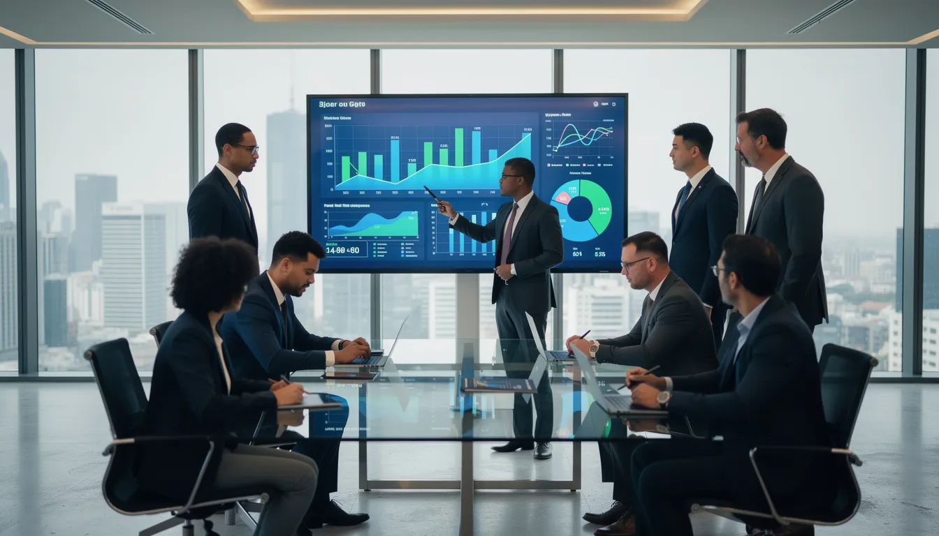 In a modern office setting, business professionals are engaged in reviewing data visualizations displayed on large screens, focusing on data analysis and AI predictions. The scene highlights the importance of computational power and efficient models in the context of current business strategies and the global economy.