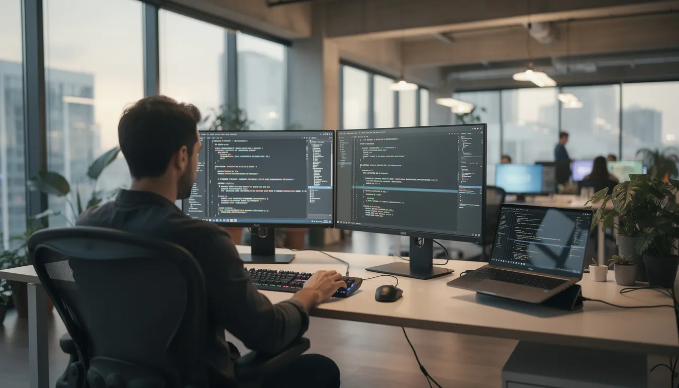 A developer is focused on coding at a dual-monitor setup in a modern tech office, with lines of code visible on the screens. This environment highlights the integration of advanced AI technology and tools that support software development and automate workflows.