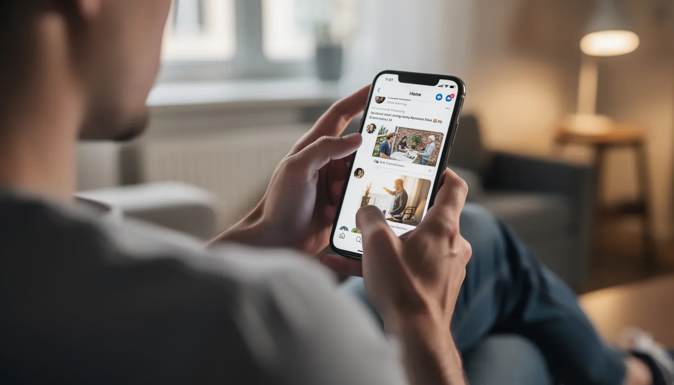 A person is seen scrolling through a social media feed on their smartphone, engaging with various posts and updates. This scene captures the modern interaction with digital platforms, showcasing how artificial intelligence influences content creation and user experience.