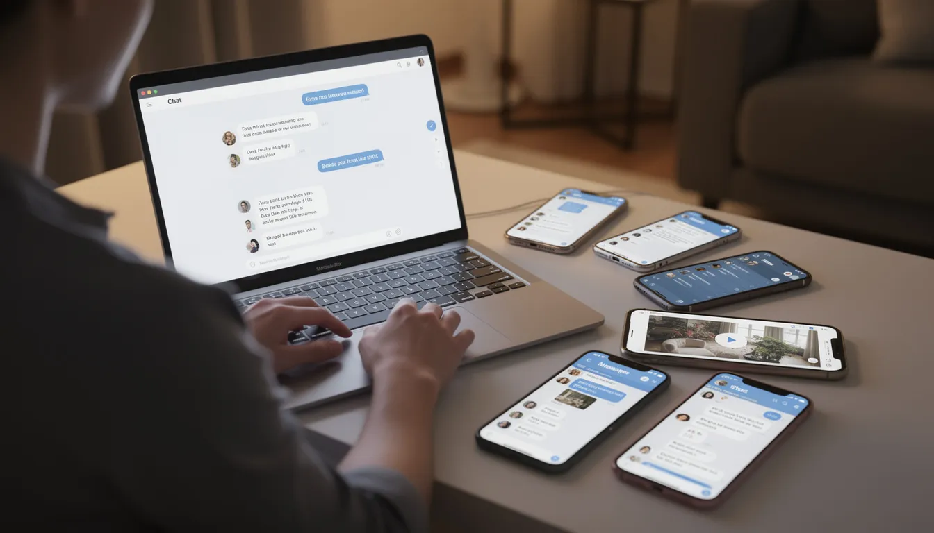 A person is seated at a desk using a laptop that displays a chat interface, while various mobile devices around them showcase different messaging apps. This scene highlights the integration of conversational AI and chatbots, illustrating how technology enhances customer experience through human-like conversations and efficient communication.