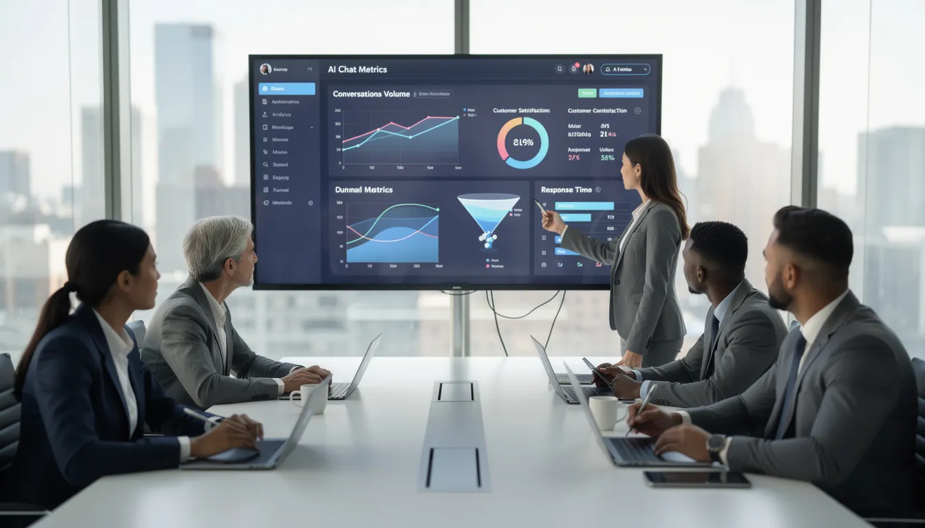 A business team is gathered around a large screen, analyzing an analytics dashboard that displays metrics related to AI chat interactions, including user engagement and performance of personalized AI assistants. The atmosphere is one of collaboration and focus as they explore the endless possibilities of AI chatbots and their impact on their thriving AI community.