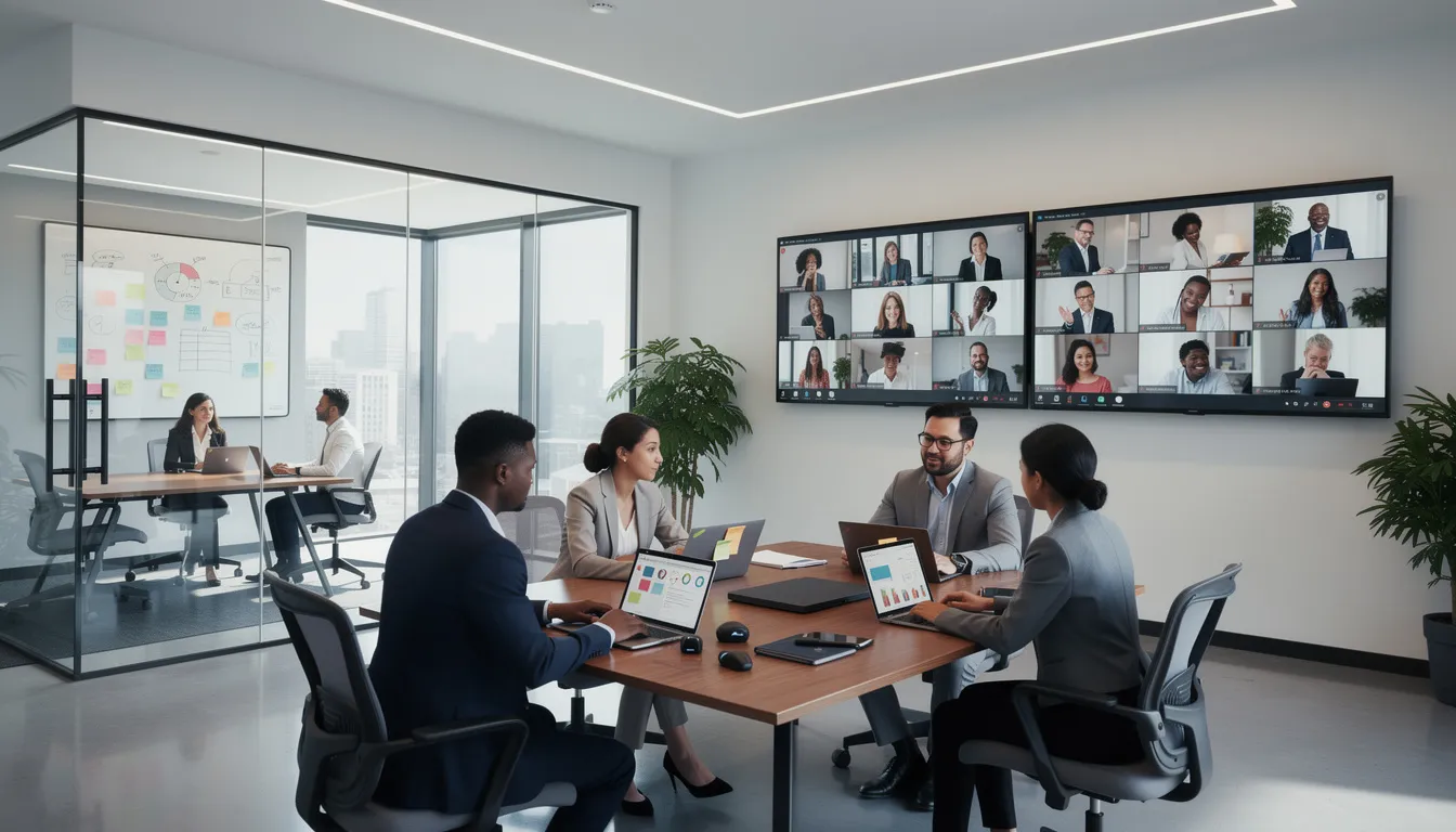 The image depicts a modern office space where employees are collaborating both in-person and through video screens, surrounded by laptops and various digital tools. This scene illustrates the future of work, emphasizing flexible work arrangements and the integration of new and emerging technologies in the workplace.