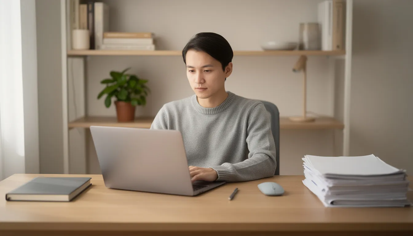 A person is calmly reading on a laptop in a well-organized workspace, surrounded by neatly arranged books and office supplies, reflecting an environment conducive to focus and productivity. The scene captures the essence of human intelligence in a space where technology and organization enhance efficiency.